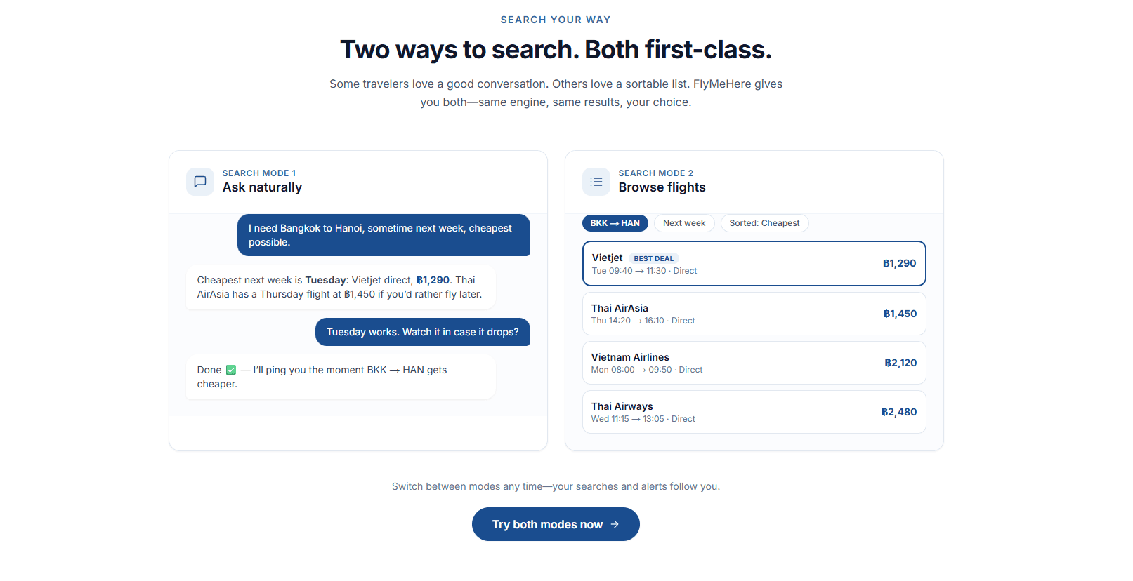 FlyMeHere's two search modes side by side — a conversational agent and a sortable flight list